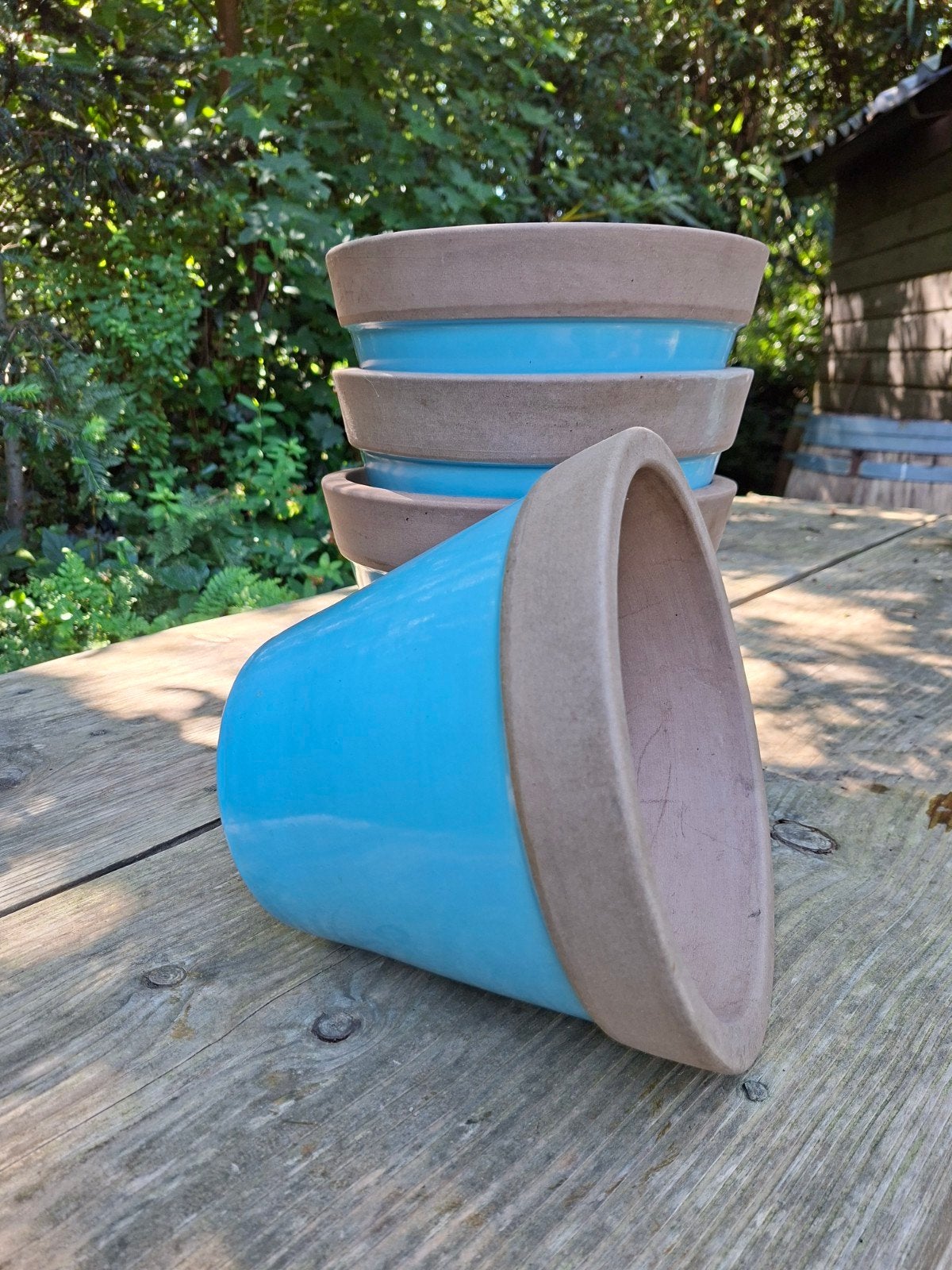 Set van 4 Hema bloempotten, 21 cm hoog, blauw/terracotta, Ophalen, Gebruikt, Rond, Balkon