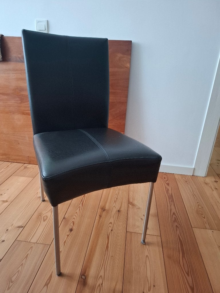 6 eetkamerstoelen zwart leer in prima staat, Ophalen, Zwart, Zo goed als nieuw, Modern
