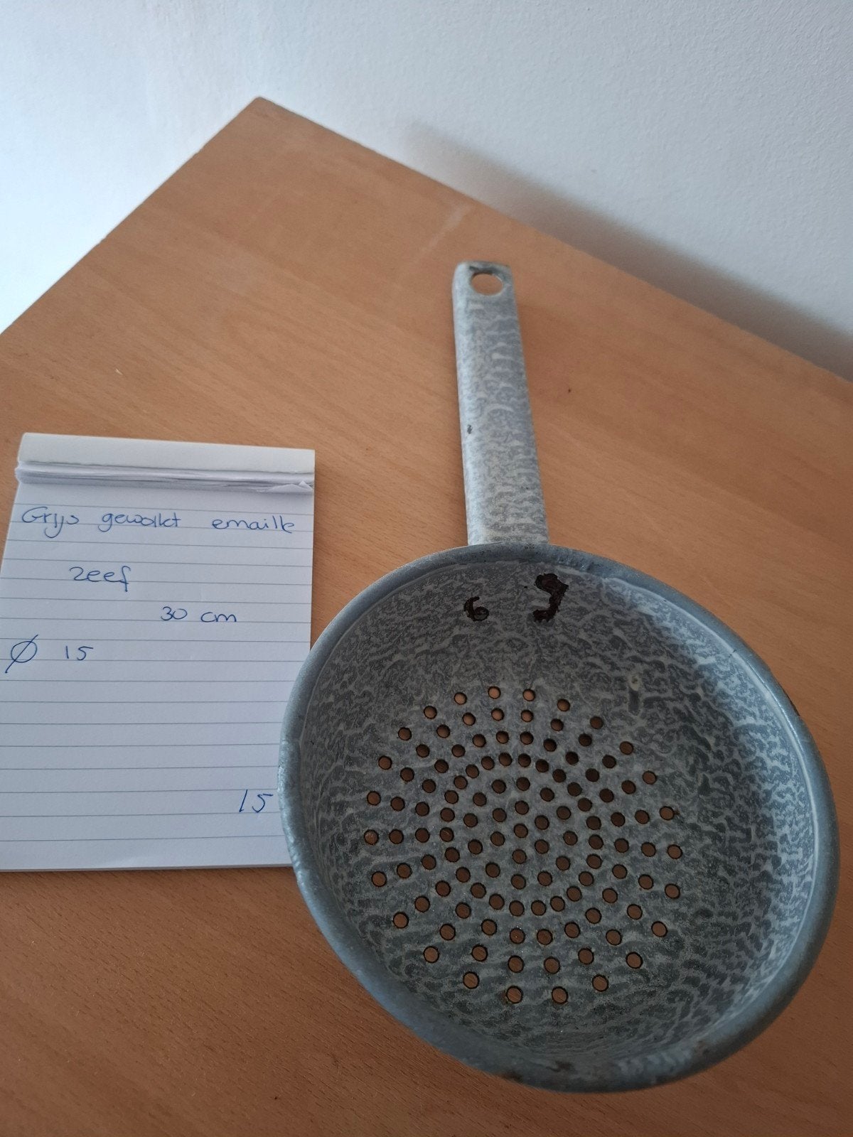 Grijze gewolkte emaille zeef - Vintage Keuken, Ophalen of Verzenden
