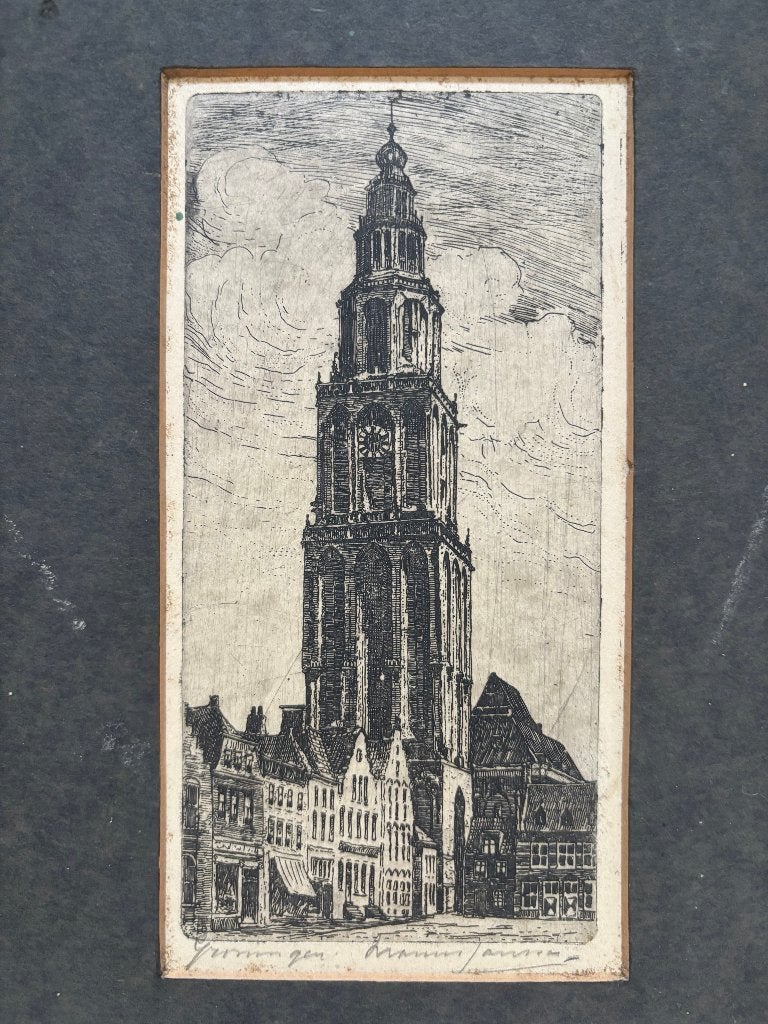 Marius Jansen (1885-1957) - Martinitoren Groningen, Ets, Stadsgezicht, 17 cm, Gesigneerd