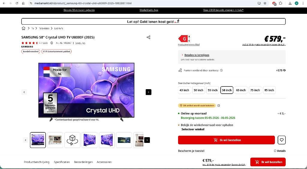 samsung crystal HD 58 inch NIEUW IN DOOS, Ophalen, 50 Hz, Nieuw, OLED