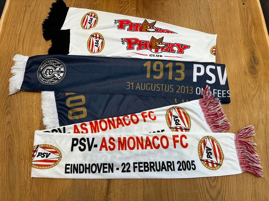 3 PSV sjaals, 100 jarig bestaan, PSV - AS Monaco & Phoxy, Verzamelen, Ophalen, Zo goed als nieuw, PSV, Overige typen