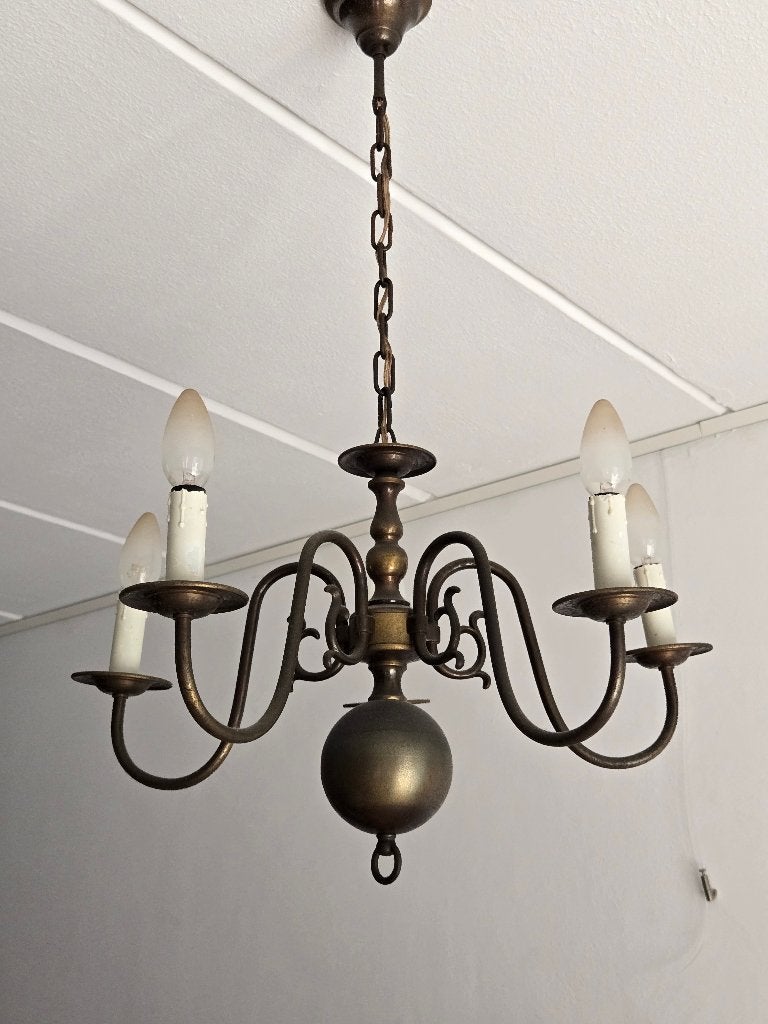 Antieke messing bolkroonluchter 5 arms, Ophalen, Gebruikt, Metaal