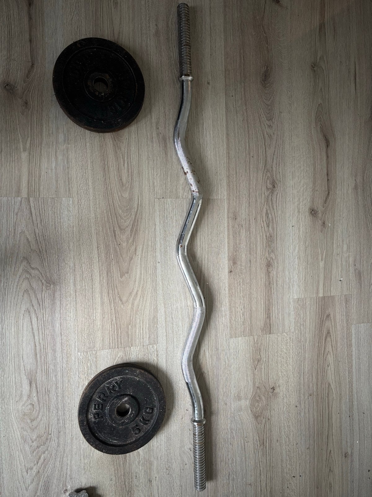 EZ Curl Stang met 2x 5kg Halterschijven, Sport en Fitness, Ophalen of Verzenden, Gebruikt, Armen, Halterstangen