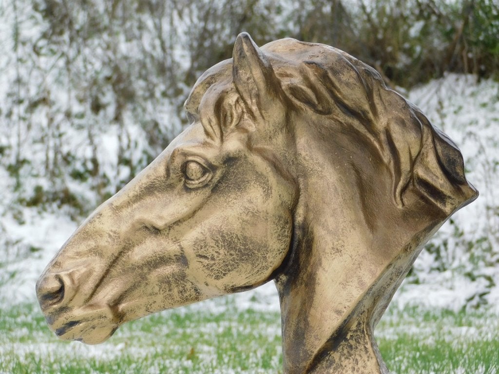 Eenmalig: XL Paardenhoofd van Polystone - Goudkleurig, Antiek en Kunst, 64 cm, Goud, Beeld, Ophalen of Verzenden