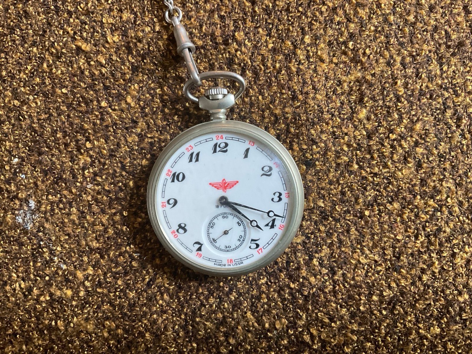 Vintage Russisch Zakhorloge met Treinmotief, Overige merken, Overige materialen, Zakhorloge, Met ketting