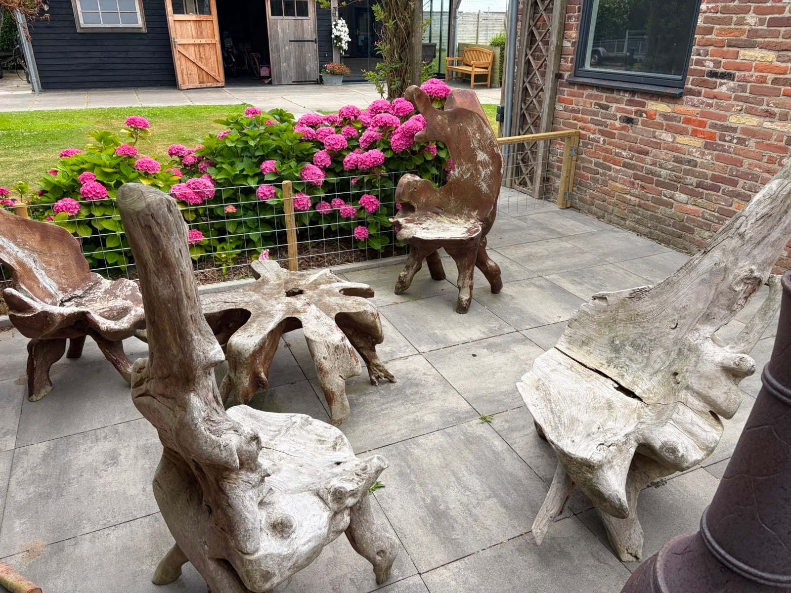 Massieve Teakhouten Boomwortel Tuinset - 4 Stoelen & Tafel, Ophalen, 4 zitplaatsen, Gebruikt, Teakhout