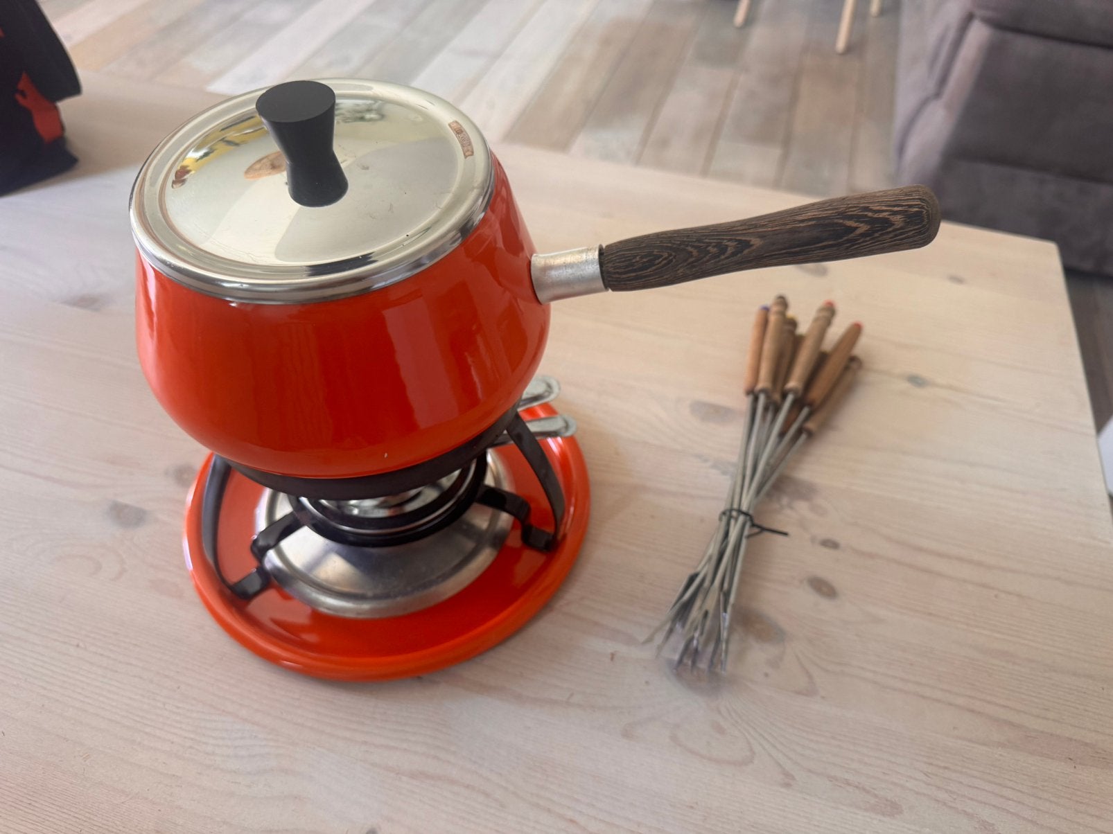 Emaille fondue pan set jaren ‘70, Ophalen of Verzenden, Zo goed als nieuw, Brander, Fondueset