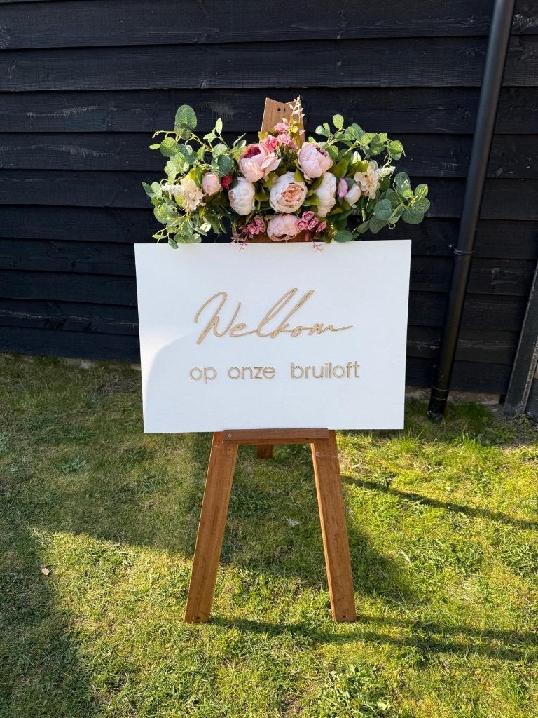 Mooi welkomstbord bruiloft incl ezel en bloemstuk, Ophalen, Zo goed als nieuw, Versiering, Geboorte of Huwelijk