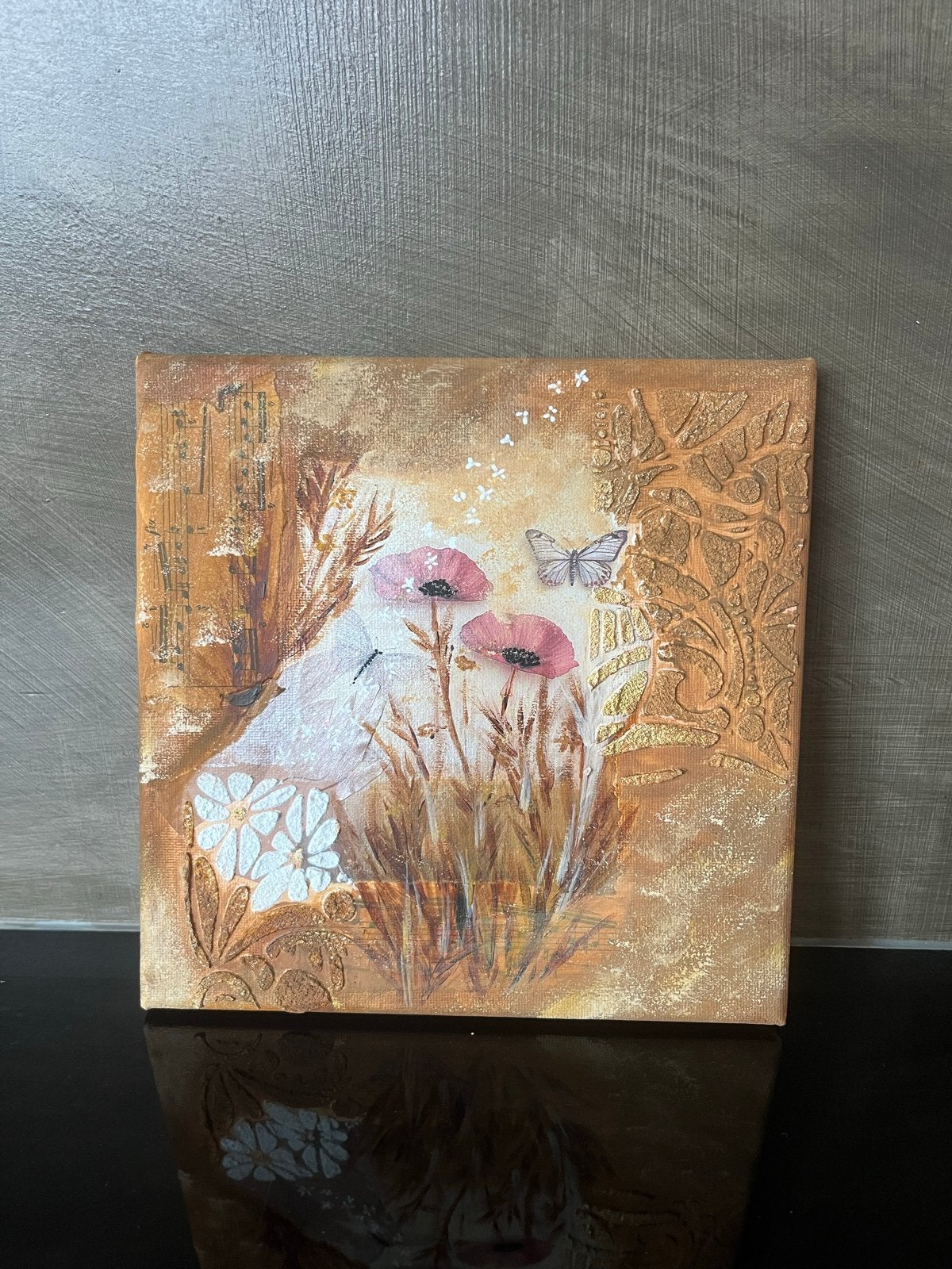 3D Schilderij 20x20 cm - Beginnende Kunstenares, Gemengde techniek, Bloemen, Textiel, Verzenden