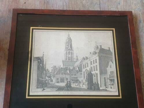 Gravure markt stadhuis kerk Rhenen C. Philips 1753, Antiek en Kunst, Ophalen
