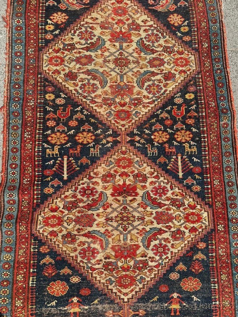 Antieke Malayer loper – 325 x 107 cm – elegant ruitpatroon, Gebruikt, 100 tot 150 cm, Wol, 200 cm of meer