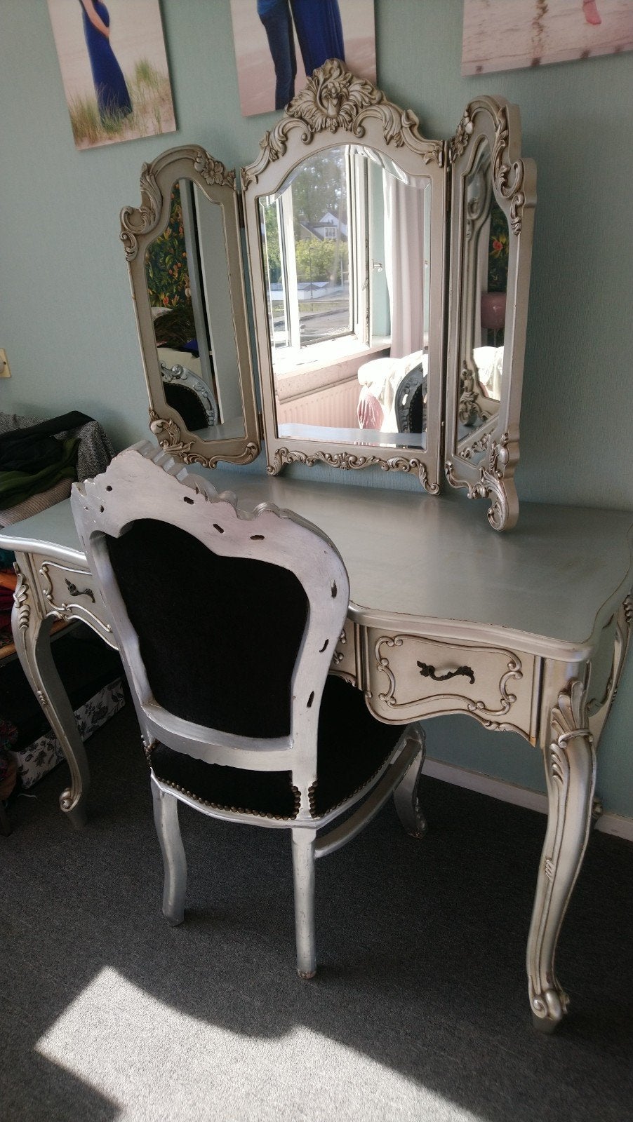 Zilverkleurige Brocante Kaptafel met Spiegel, Gebruikt, 100 tot 150 cm, Brocante, Klassiek, Romantisch, 100 tot 150 cm