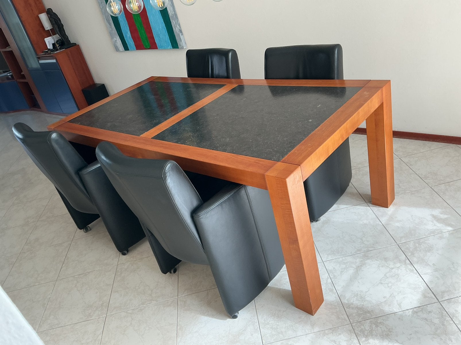Eetkamertafel massief kersenhout met hardsteen inleg 200x98, Huis en Inrichting, Tafels | Eettafels, Ophalen, Gebruikt, 200 cm of meer