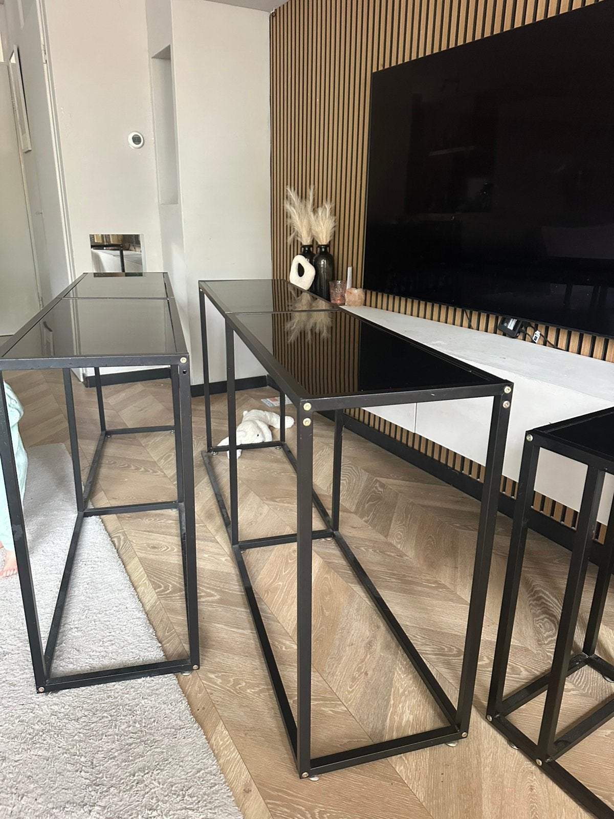 2 zwarte sidetabels en klein bijzet tafeltje, Huis en Inrichting, Tafels | Sidetables, Ophalen, Gebruikt, 150 tot 200 cm, 25 tot 50 cm