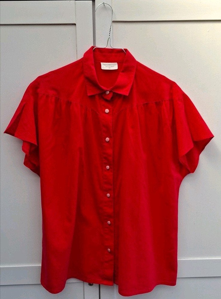 Vintage blouse, maat 42/XL - rood - katoen - 90's, ,, Maat 42/44 (L), Ophalen of Verzenden, Vintage