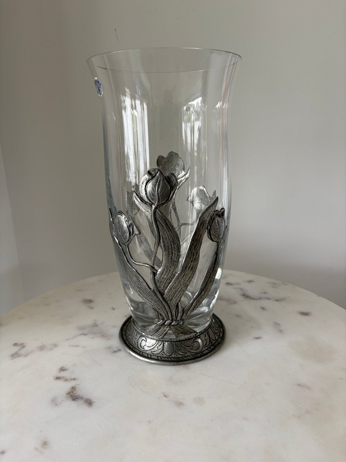 Vintage Bohemia kristal vaas met tinnen bloemenrand, Ophalen of Verzenden