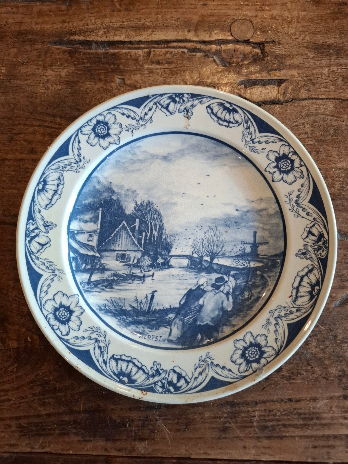 Antiek Delfts Blauw Wandbord - Hollands Landschap, Ophalen