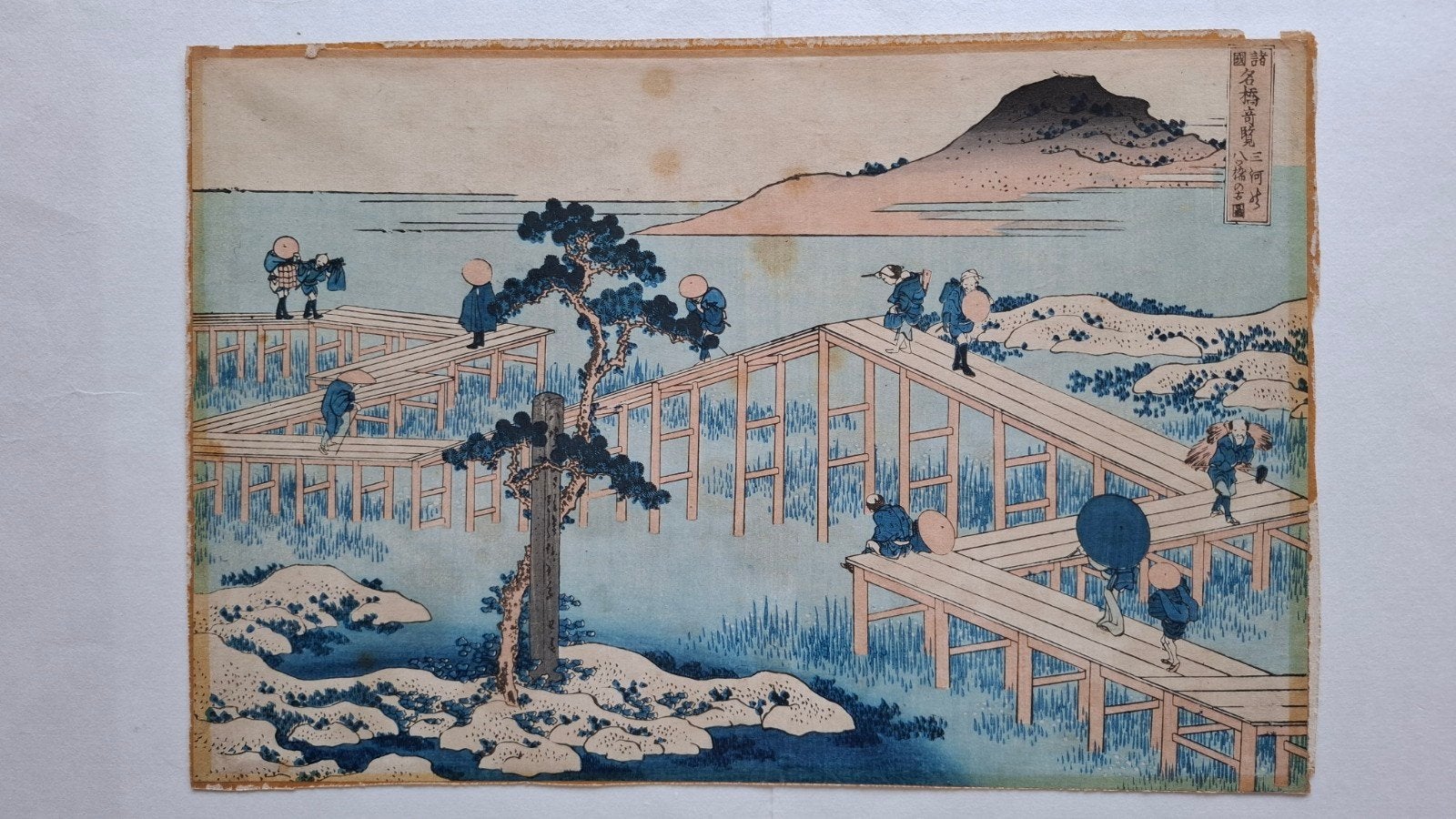 HOKUSAI ORIG.! ± 1845 Brug van Mikawa no Yatsuhashi no Kozu, Ophalen, 1800 - 1899, Landschap, Houtsnede