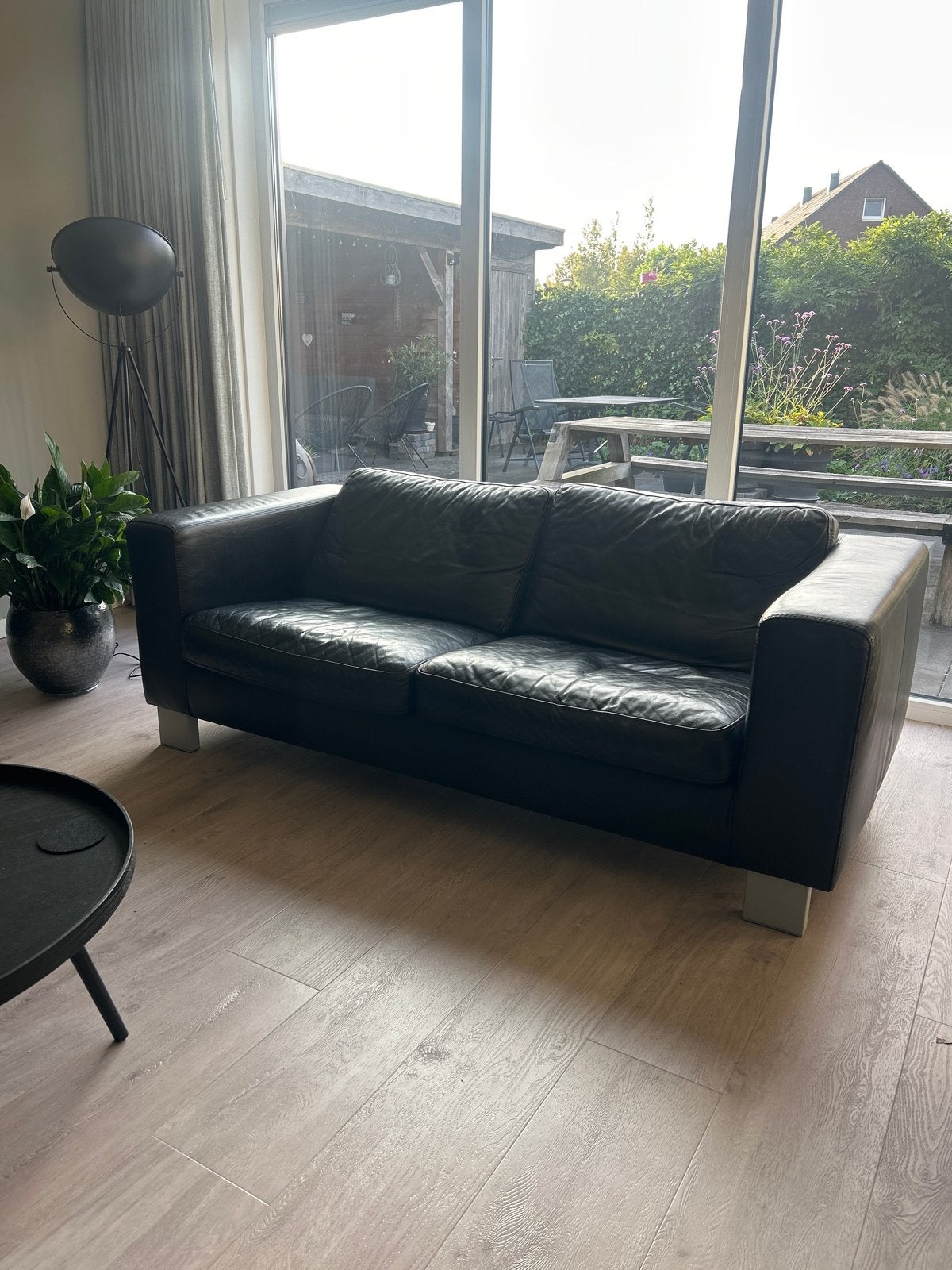 Leren bank en fauteuils - Zwart, Gebruikt, Ophalen, Gebruikt, Driepersoons, Rechte bank