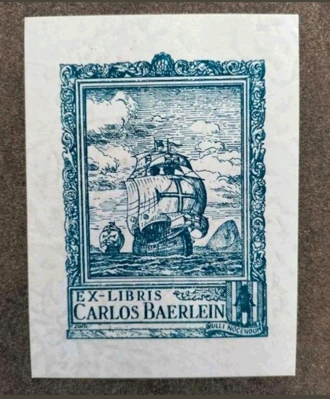 Exlibris Carlos Baerlein fregat, zeilschip, zee, kruis, rots, 10 cm, 7 cm, Origineel, 1900 - 1949