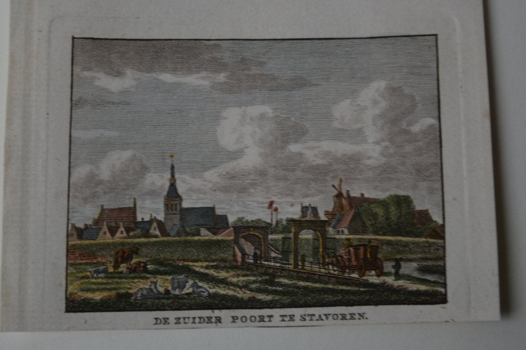 Stavoren Zuiderpoort Gravure Handgekleurd J. Bulthuis E19, Verzenden, Stadsgezicht, Handgekleurd, 10 cm