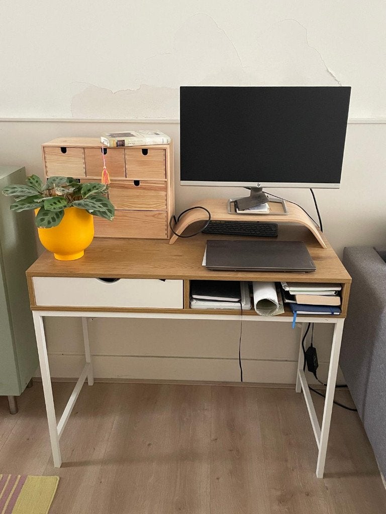 Bureau 48x95 1 lade warm eiken kleur/wit, Ophalen, 48 cm, Spaanplaat of MDF, Bruin