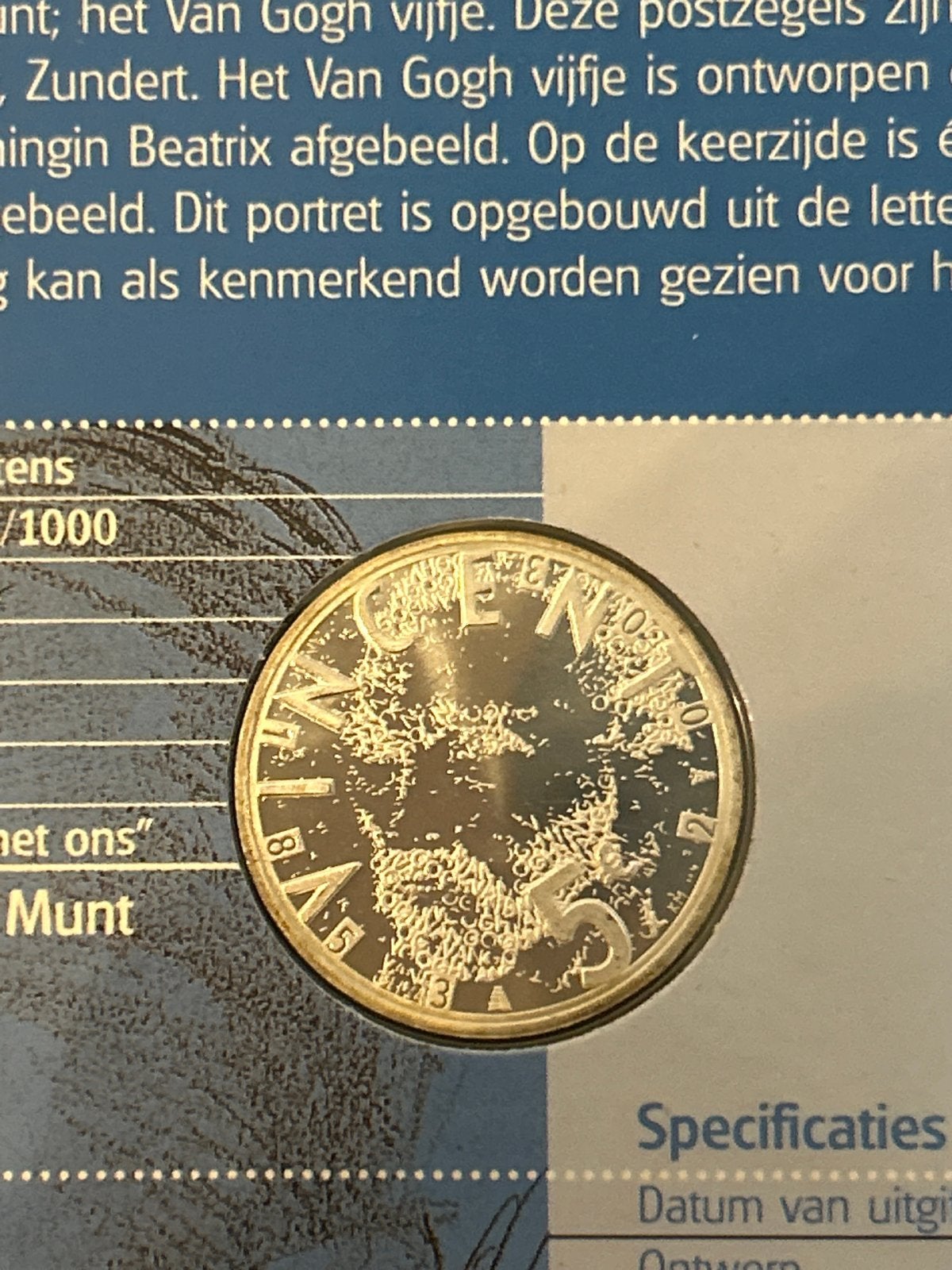Vincent van Gogh Numisbrief met Zilveren Vijfje en Postzegel, Postzegels en Munten, Setje, Koningin Beatrix, Zilver, Euro's