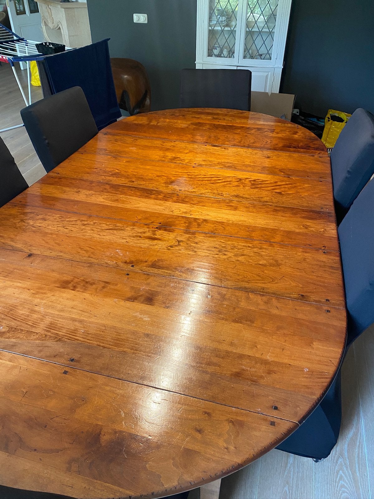 Massief Kersen Houten Uitschuifbare Eettafel (Rond -> Ovaal), Ophalen, Gebruikt, 100 tot 150 cm, 200 cm of meer