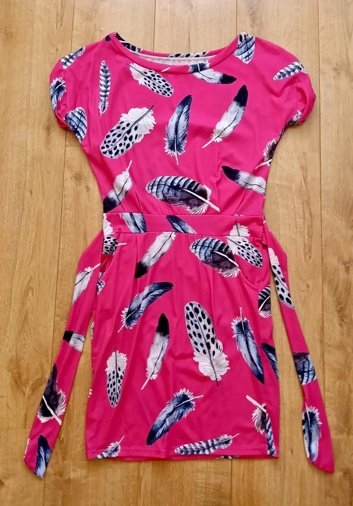 Luchtige roze jurk met zakken en veren print! (NIEUW!), Ophalen of Verzenden, Nieuw, Maat 36 (S), Roze