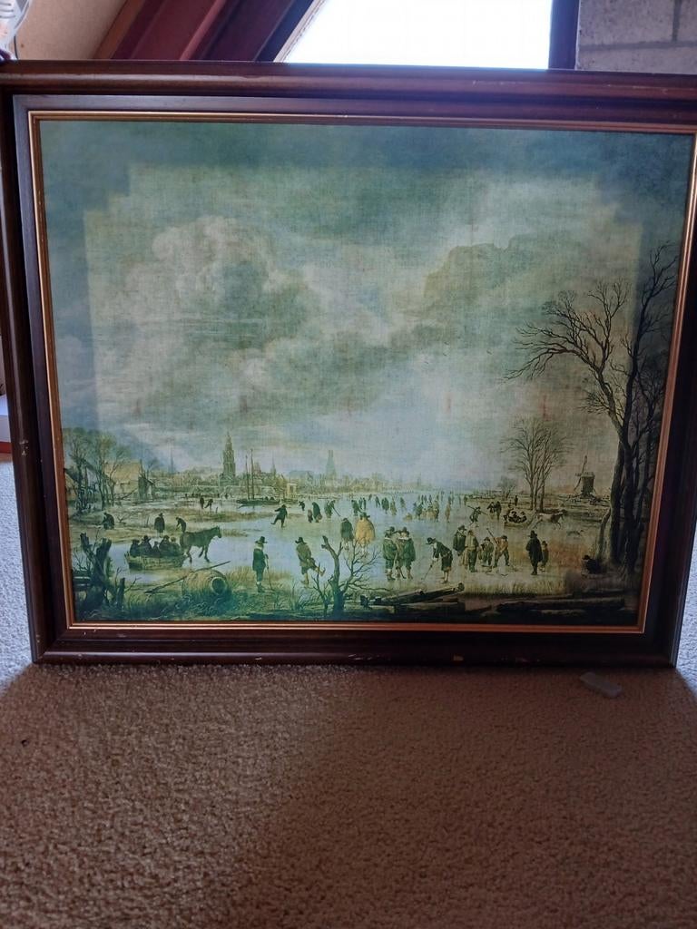Antieke schilderij van winterlandschap met schaatsers, Ophalen