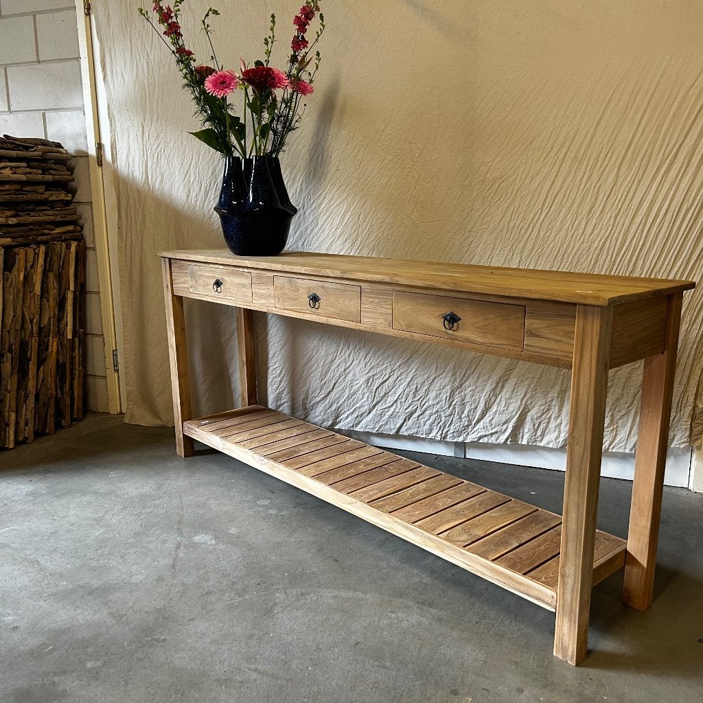 sidetable teak - 3 lades - 180 x 40 cm - Gratis bezorgd, TTM Wonen, Meubels – (Perzische) Tapijten en Woonaccessoires, Taag 63, 2491 CS, Den Haag (Forepark)