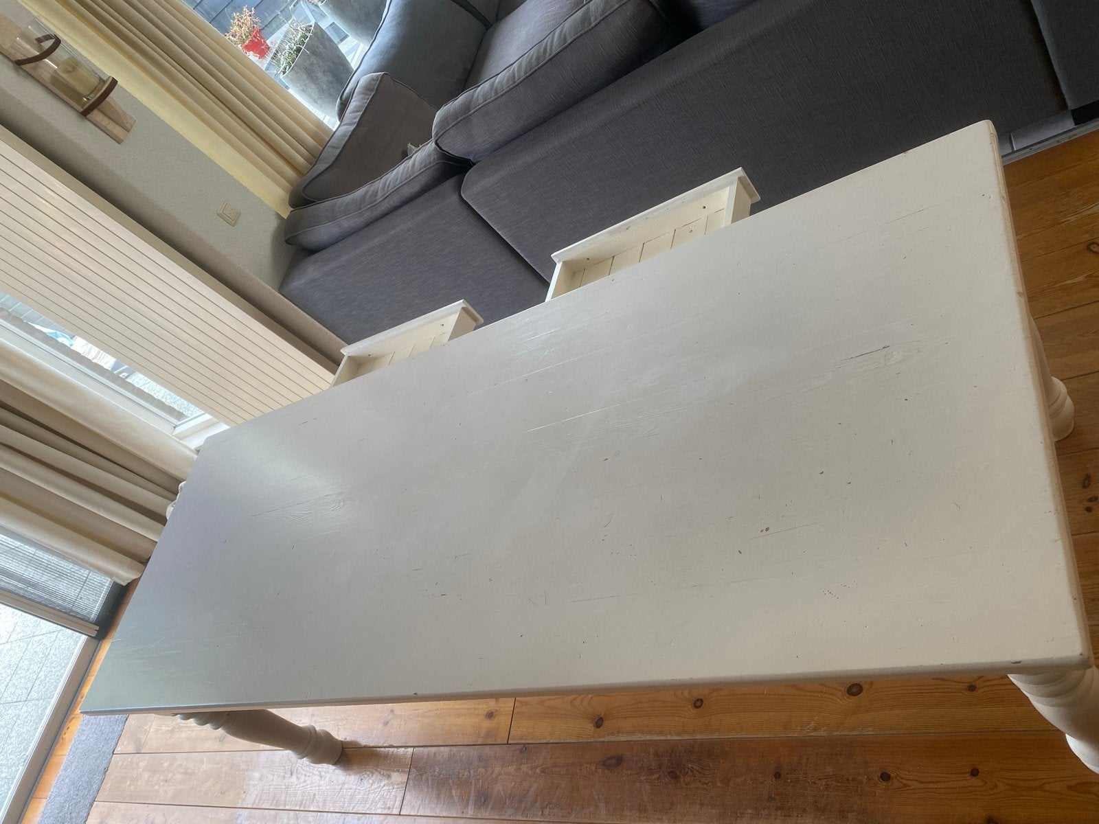 Oude grenen/wit geschilderde eettafel met 2 lades, Ophalen, Gebruikt, 50 tot 100 cm, Grenenhout