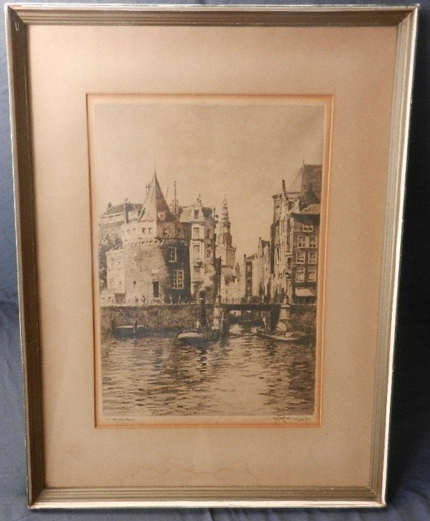 Fraaie ets Kolkje en Schreierstoren Amsterdam HE Roodenburg, Ets, Stadsgezicht, Met monogram, Ophalen of Verzenden