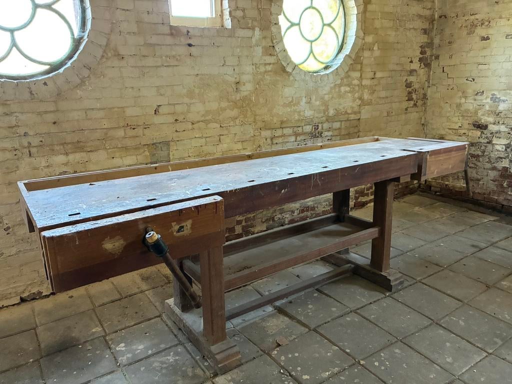 Oude houten werkbank met 2 bankschroeven, Doe-het-zelf en Verbouw, Werkbanken, Ophalen, Gebruikt, 170 cm of meer, Bankschroef
