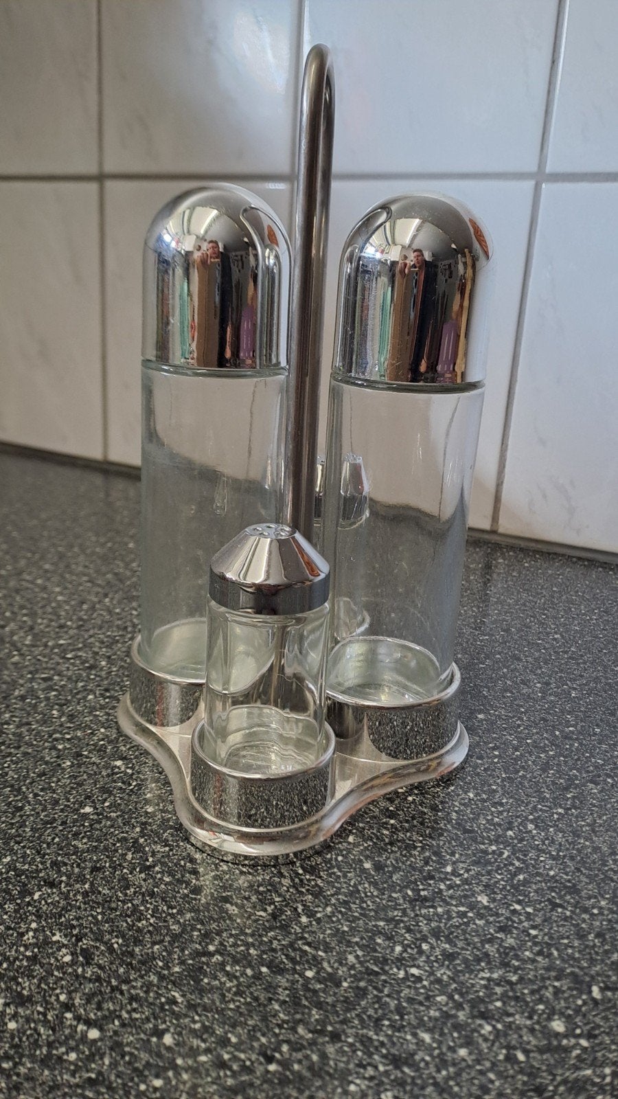 Stoha Design Olie en Azijnstel met Zout- en Pepervaatjes, Zilver, Ophalen of Verzenden, Onbekend, Made in Germany, Metaal