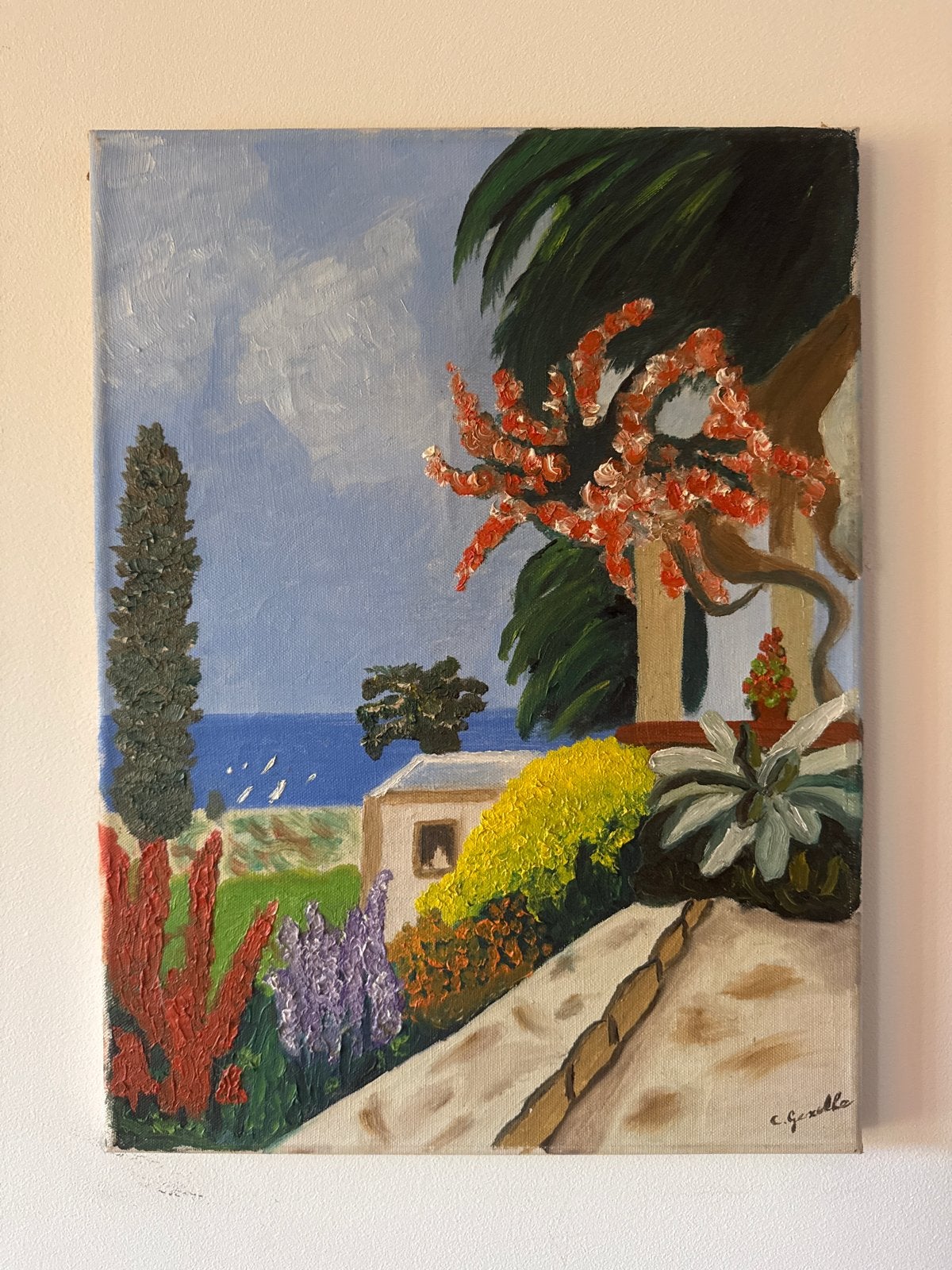 Schilderij V. Gezelle - Mediterraan Zeezicht met Tuin 30x40, Antiek en Kunst, Doek, Realistisch, Ophalen of Verzenden, Gesigneerd