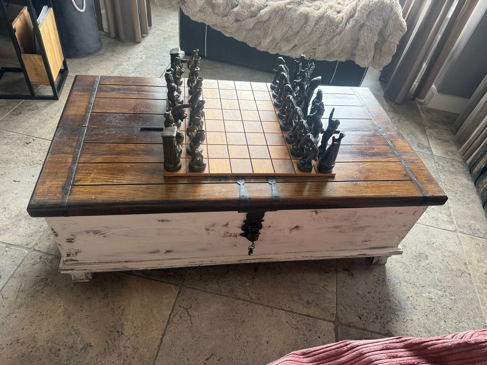 Schaakbord cowboy’s en indianen tafelkist, Ophalen, Gebruikt, 100 tot 150 cm, 50 tot 100 cm