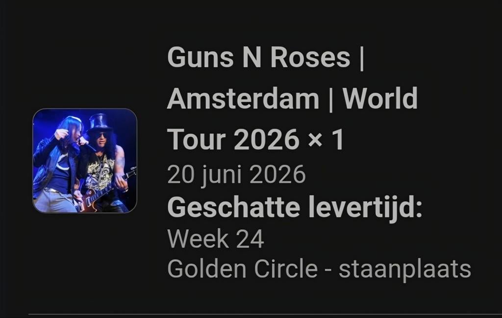 Guns n Roses Ticket 1x, Amsterdam,Golden circle, Tickets en Kaartjes, Eén persoon, Juni, Hard Rock of Metal