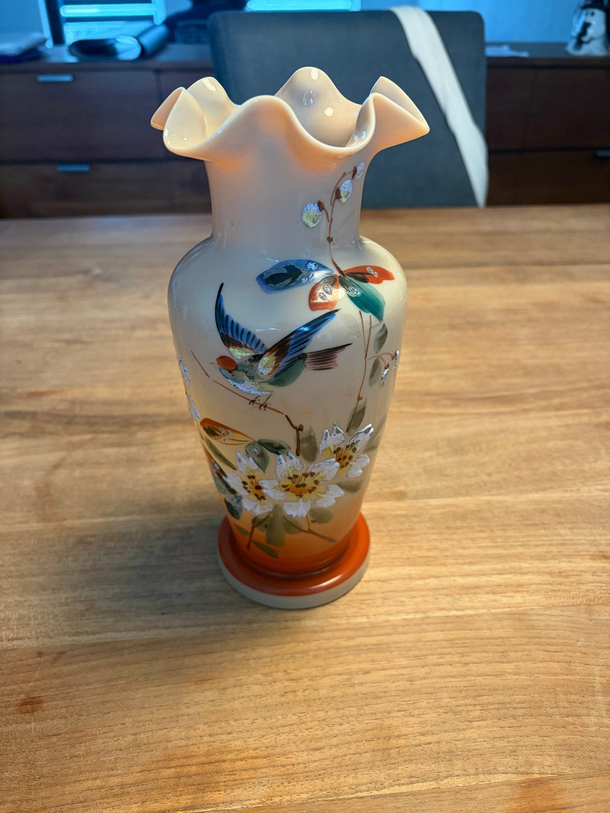 Vintage handbeschilderde opaline glazen vaas – vogel & bloem, Ophalen of Verzenden
