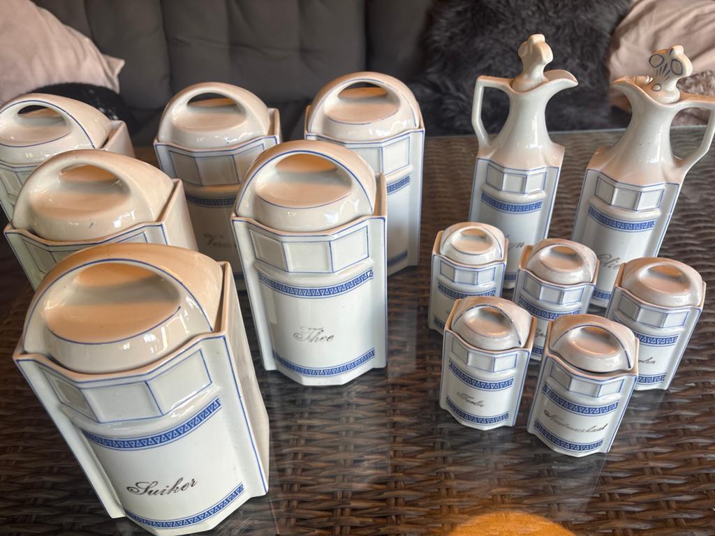 Antieke kruidenpotjes set - Wit met blauw decor, Ophalen