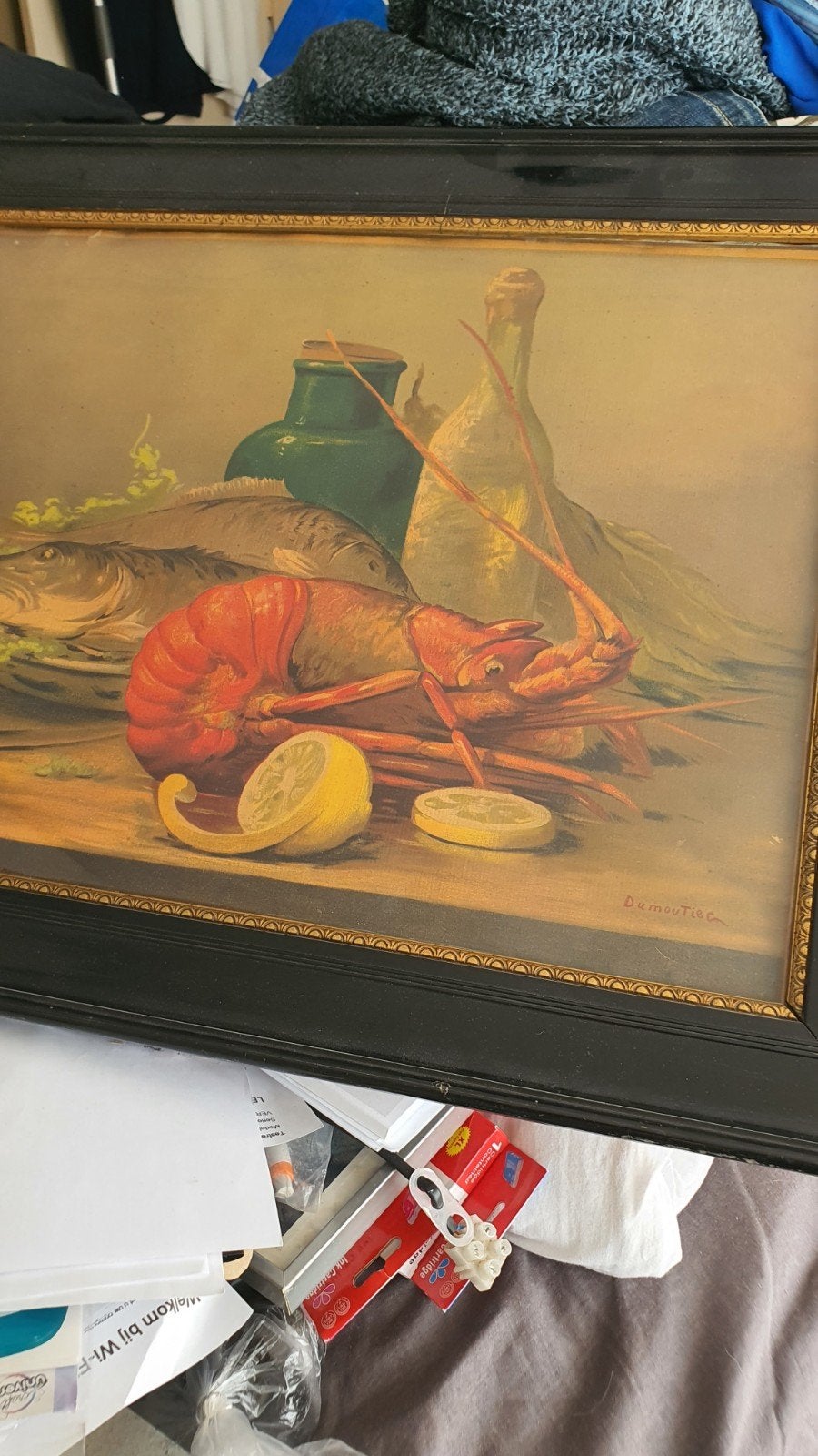 Klassiek stilleven met kreeft, vis en citroen, Ophalen of Verzenden
