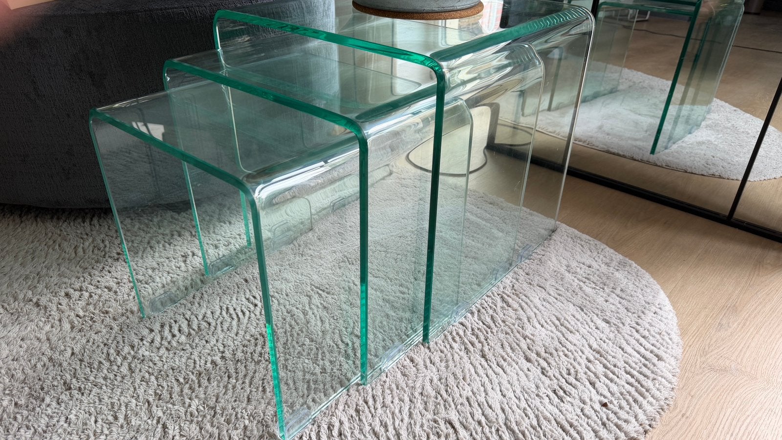 Set van 3 glazen design bijzettafels - Gebogen glas, Ophalen, Minder dan 45 cm, Minder dan 55 cm, Gebruikt