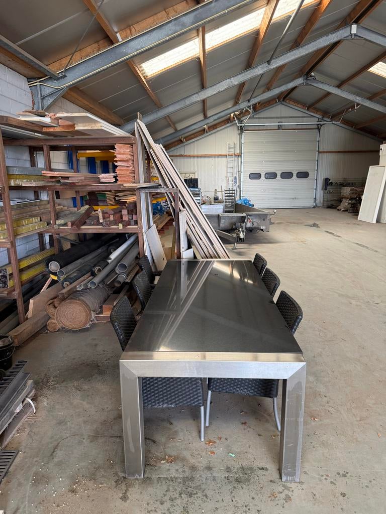 RVS tuintafel met hardstenen blad + 6 stoelen en kussens, Ophalen, Gebruikt, Eettafel, 6 zitplaatsen
