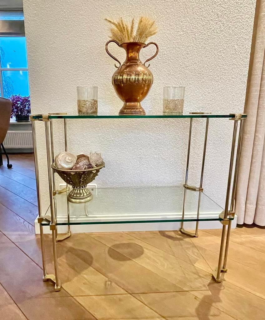 Messing glazen hoge tafel Peter Ghyzcy design, Ophalen, Hollywood Regency, design, messing, glazen tafel, Zo goed als nieuw, Glas