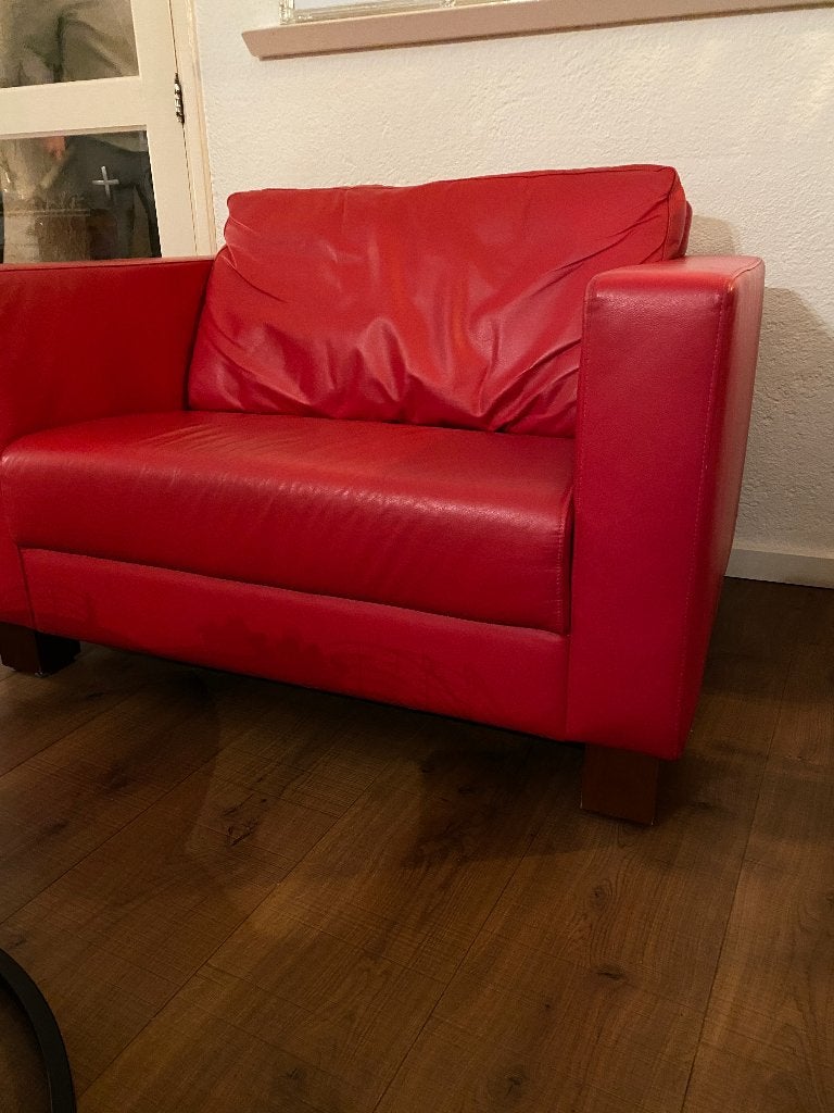 Rode leren fauteuil - Comfortabele eenpersoonsbank, Ophalen, Gebruikt, Eenpersoons, Rechte bank