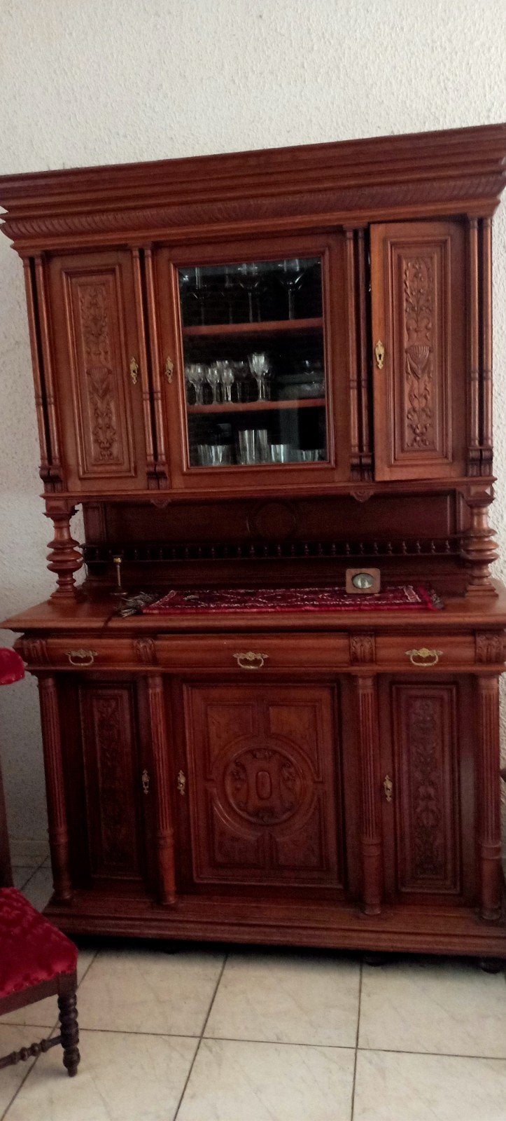 Antiek houten dressoir met vitrinekast, Antiek en Kunst, Ophalen of Verzenden