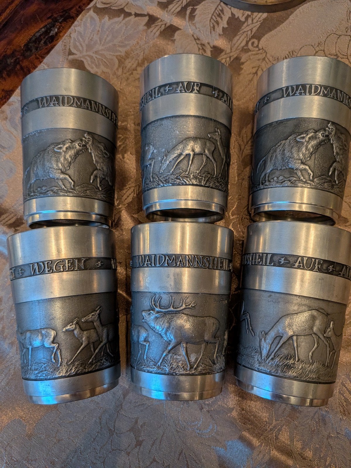 Set van 6 tinnen bekers met jachtmotieven - Waidmannsheil, Antiek en Kunst, Antiek | Tin, Ophalen