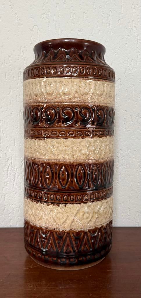 Vintage West Germany vaas, bruin met beige patronen, Ophalen of Verzenden