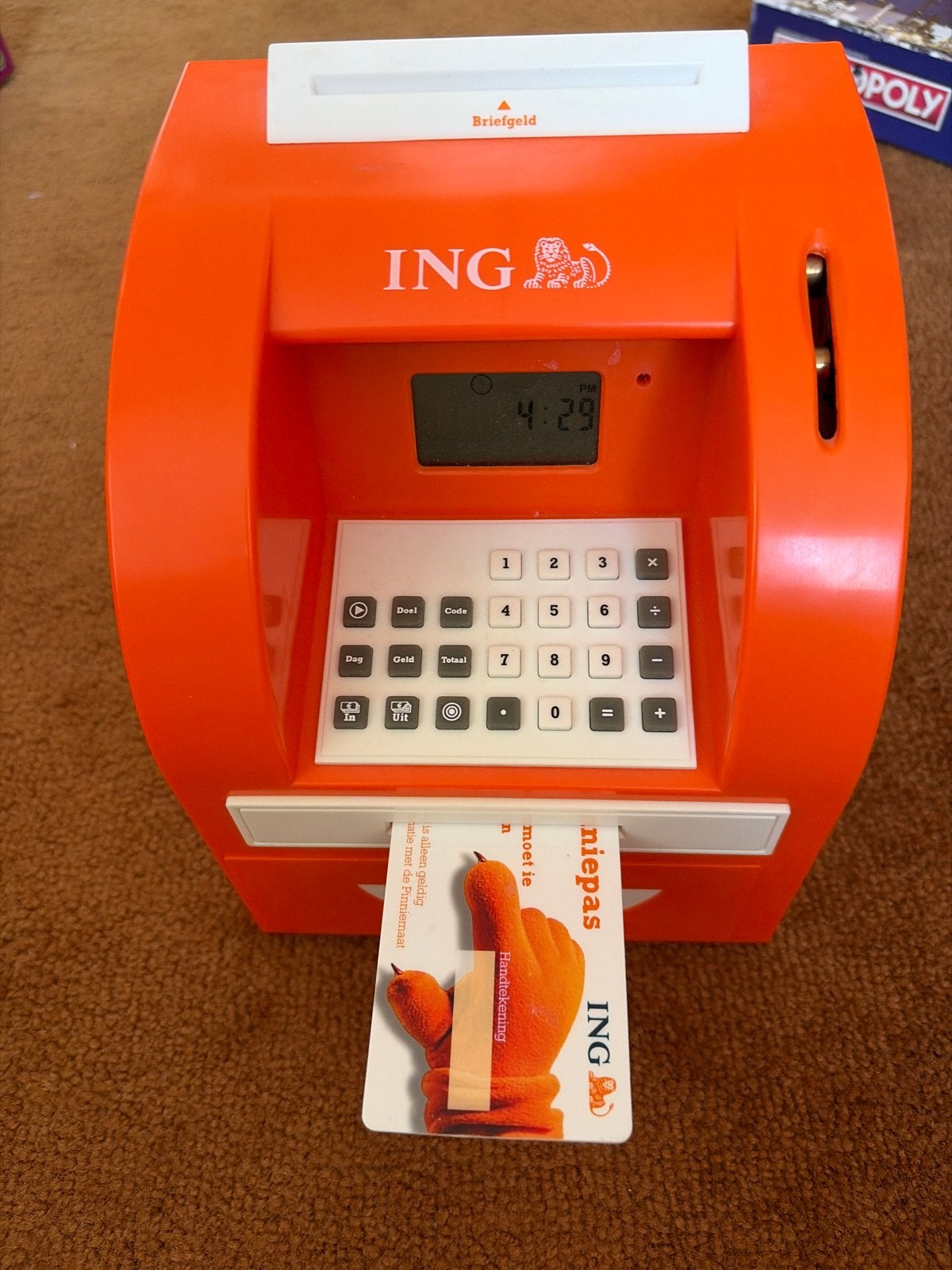 ING Spaarpot Geldautomaat met Pasje - Oranje, Ophalen of Verzenden, Zo goed als nieuw, Kunststof, Overige thema's